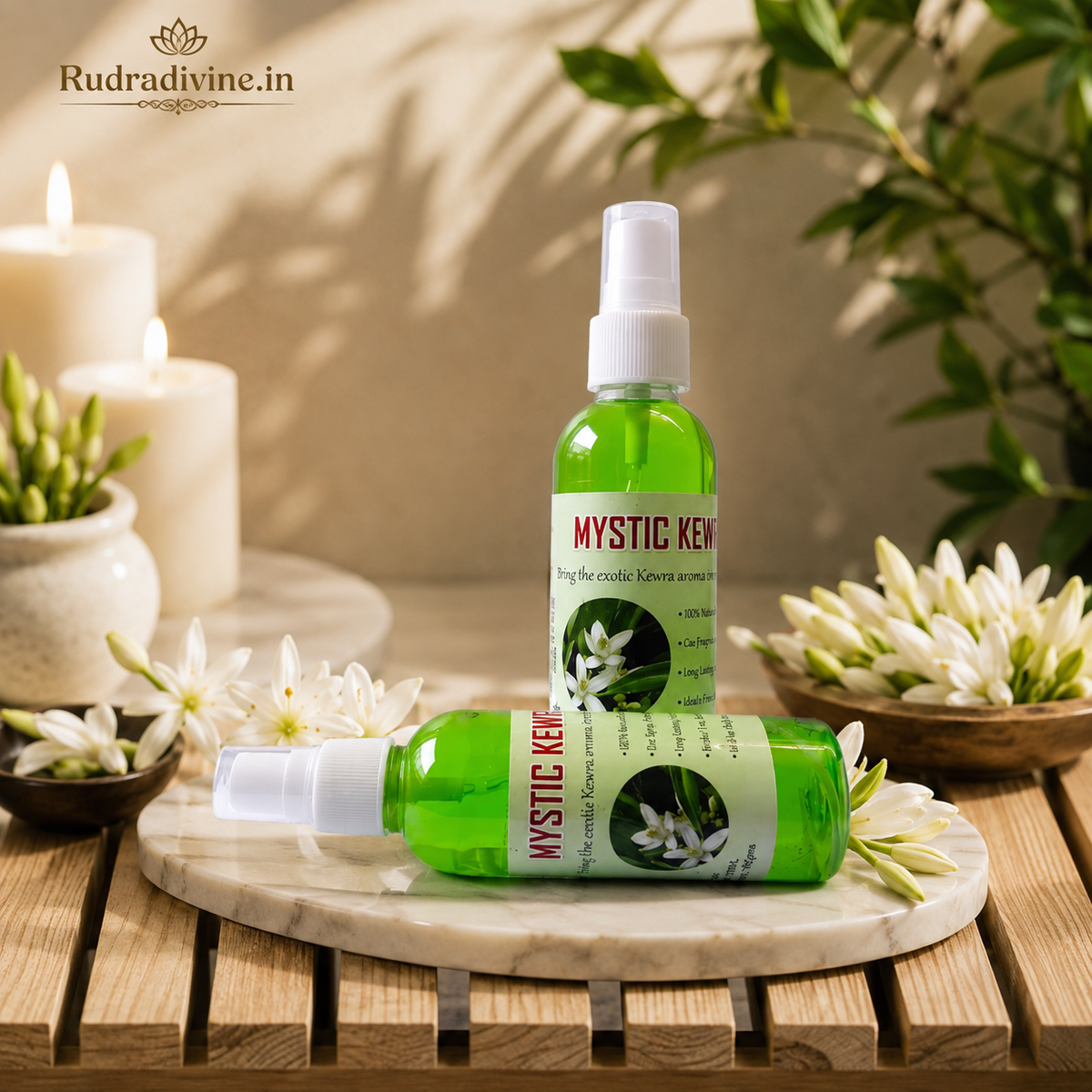 Natural Mystic Kewra Spray Attar 100ml with fresh Kewra floral aroma, pure long-lasting fragrance, convenient spray bottle and elegant fragrance profile by Rudradivine.