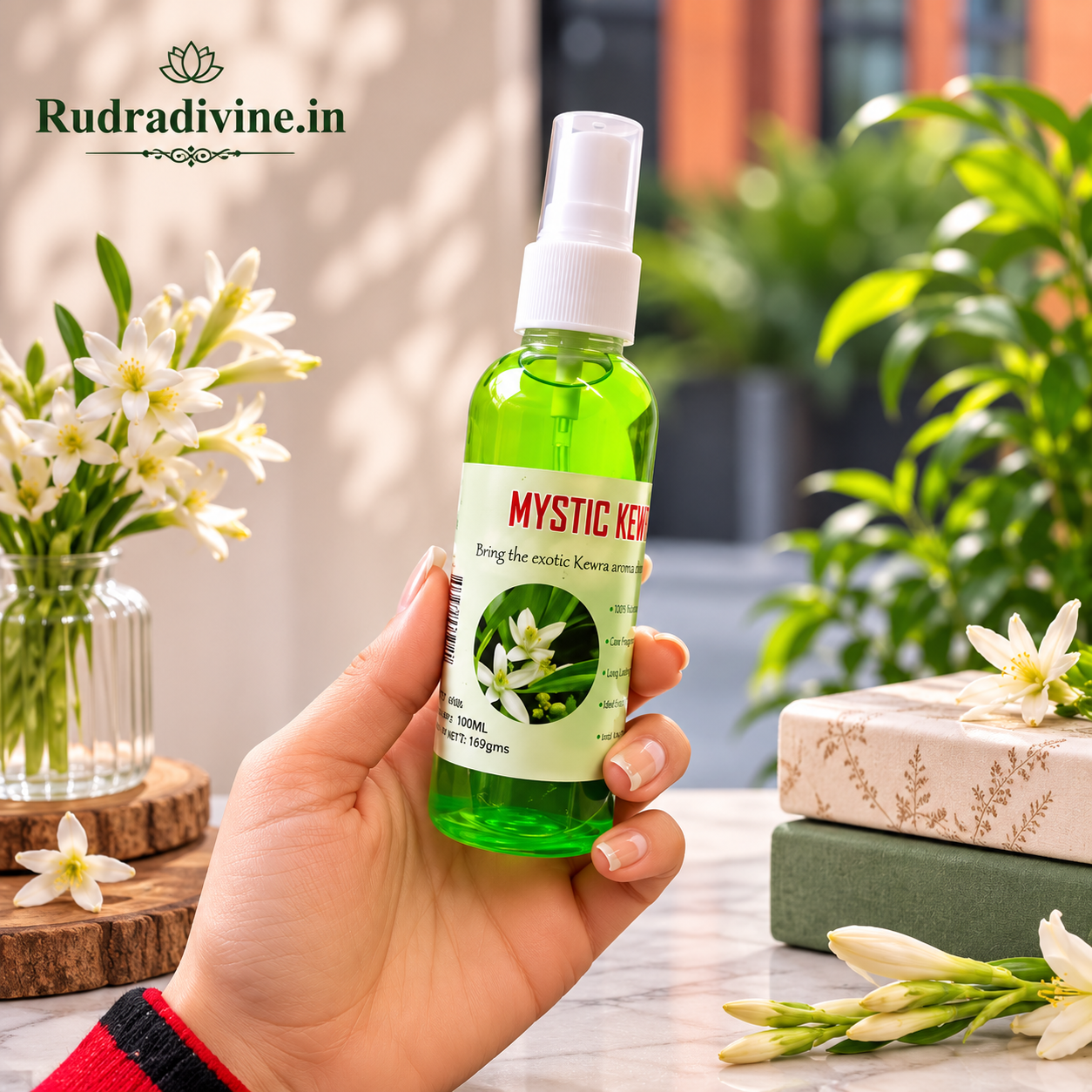 Natural Mystic Kewra Spray Attar 100ml with fresh Kewra floral aroma, pure long-lasting fragrance, convenient spray bottle and elegant fragrance profile by Rudradivine.