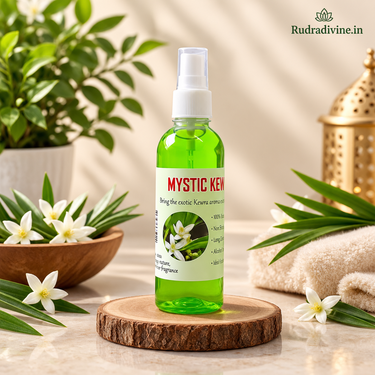 Natural Mystic Kewra Spray Attar 100ml with fresh floral Kewra fragrance, pure long-lasting aroma and convenient spray bottle by Rudradivine.