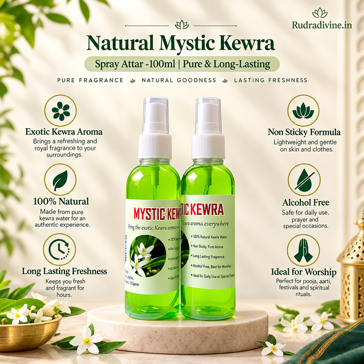 Natural Mystic Kewra Spray Attar 100ml with fresh floral Kewra fragrance, pure long-lasting aroma and convenient spray bottle by Rudradivine.