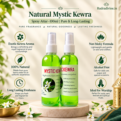 Natural Mystic Kewra Spray Attar 100ml with fresh floral Kewra fragrance, pure long-lasting aroma and convenient spray bottle by Rudradivine.