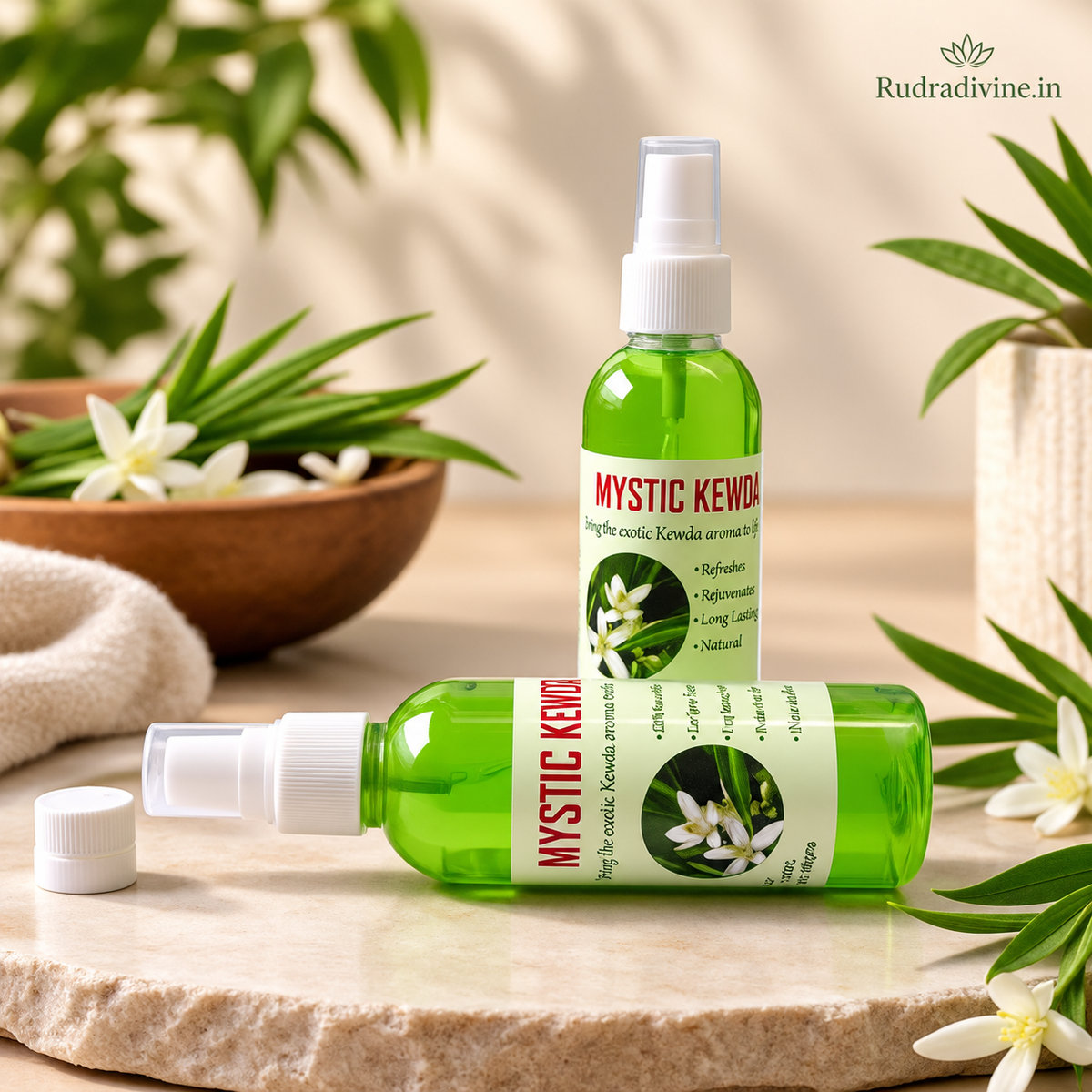 Natural Mystic Kewra Spray Attar 100ml with fresh floral Kewra fragrance, pure long-lasting aroma and convenient spray bottle by Rudradivine.