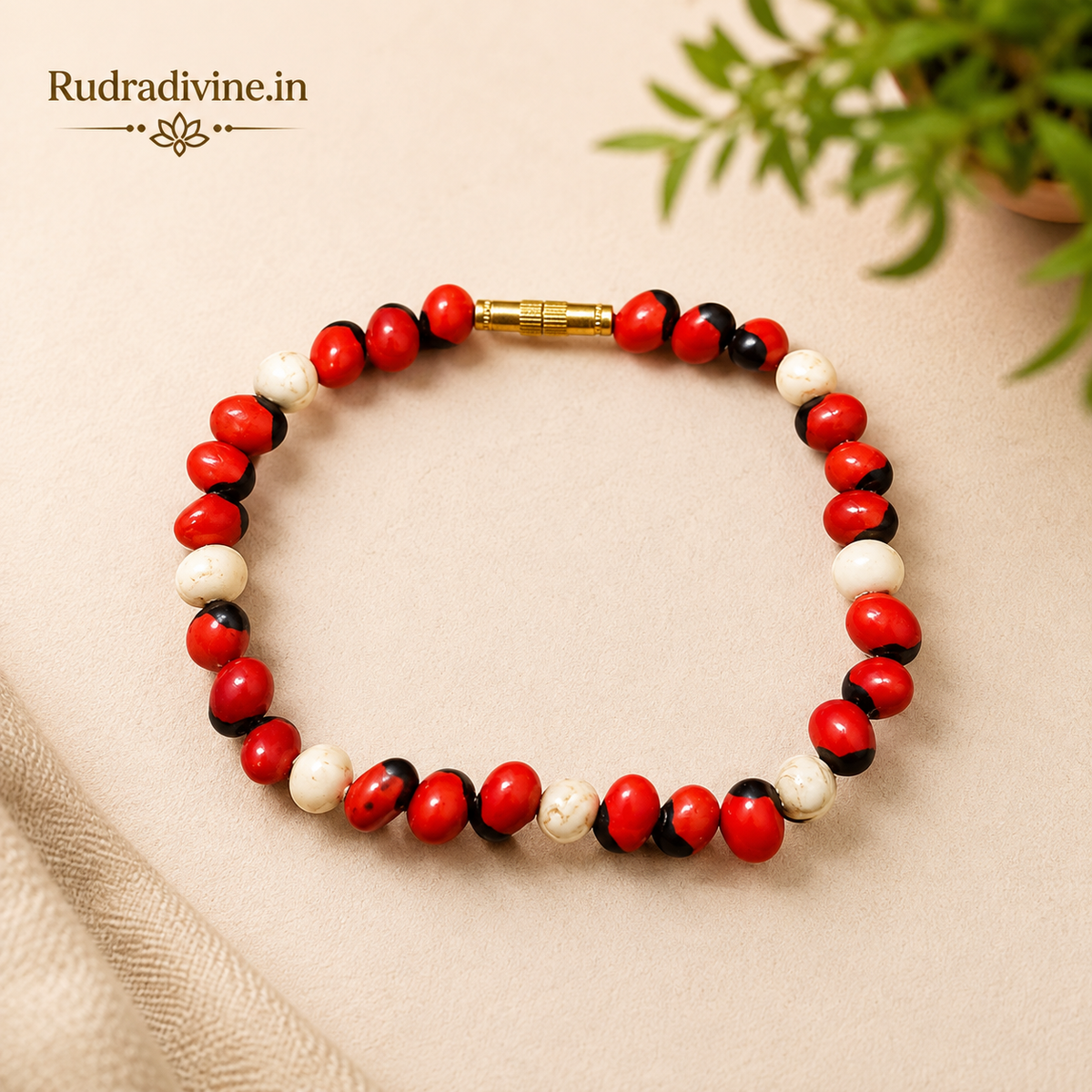 Natural Red & White Gunja Bracelet with traditional Gunja beads and official Lab Certificate by Rudradivine for spiritual protection, positivity, balance, and meditation.