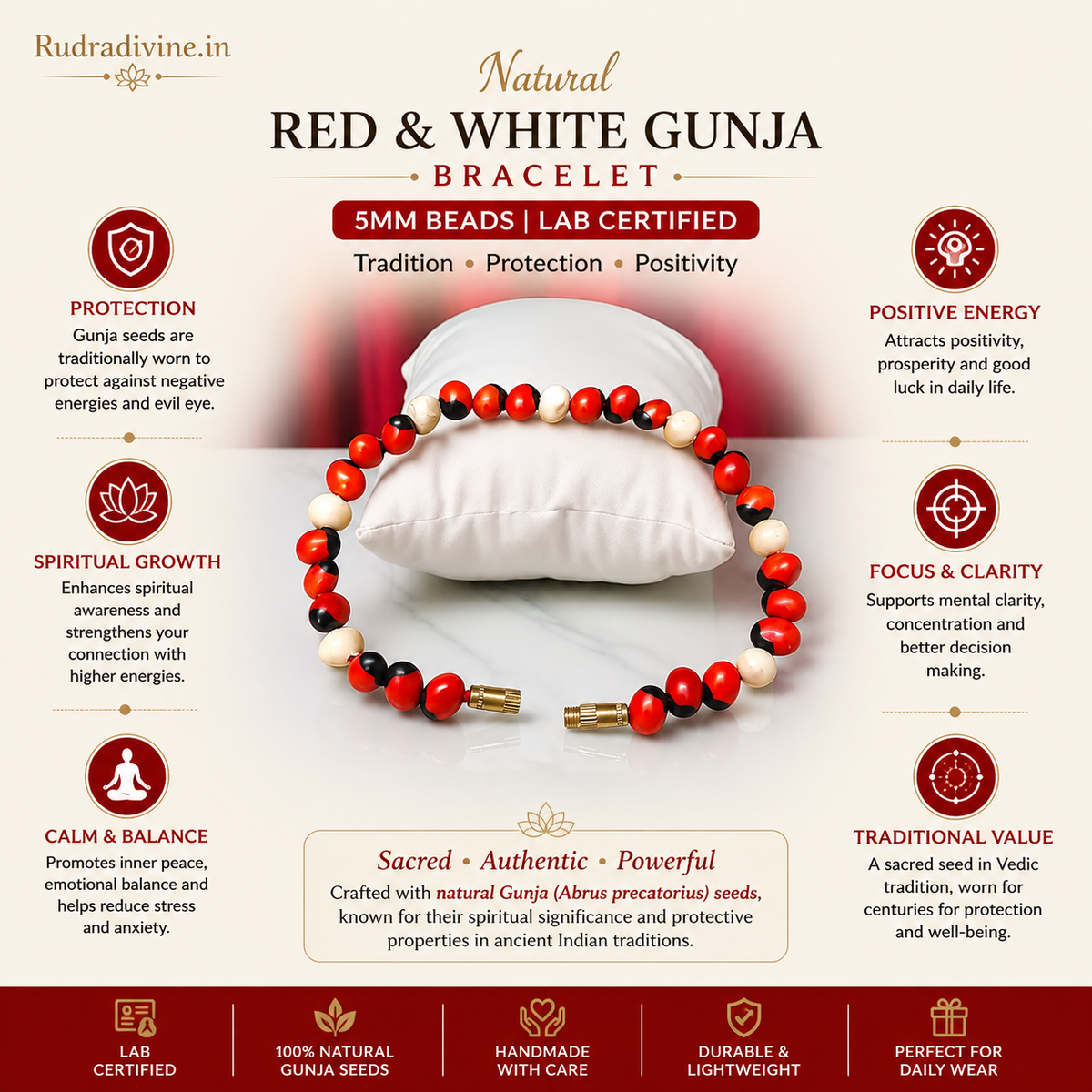 Natural Red & White Gunja Bracelet with traditional Gunja beads and official Lab Certificate by Rudradivine for spiritual protection, positivity, balance, and meditation.