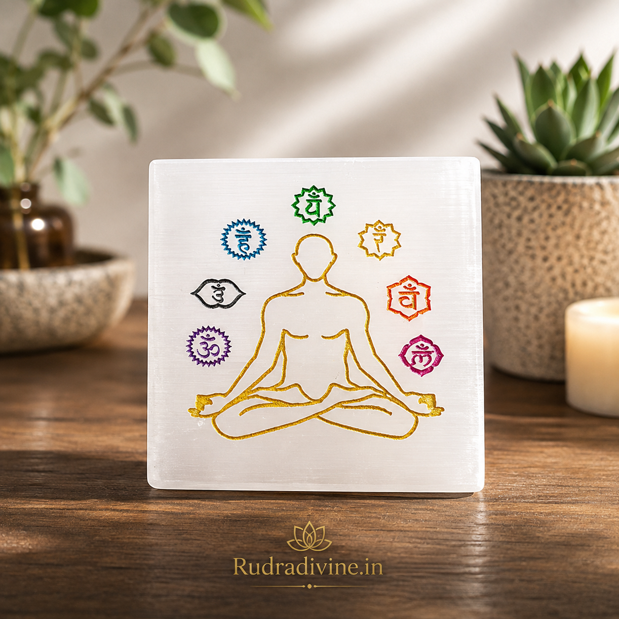 Natural Selenite Charging Plate with engraved 7 Chakra design crafted from genuine lab certified selenite by Rudradivine for crystal charging, energy cleansing and meditation.