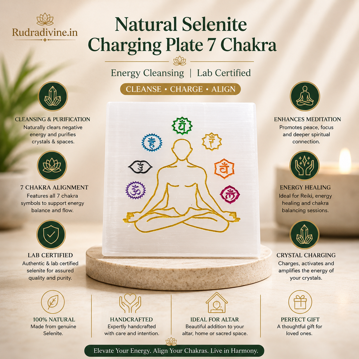 Natural Selenite Charging Plate with engraved 7 Chakra design crafted from genuine lab certified selenite by Rudradivine for crystal charging, energy cleansing and meditation.