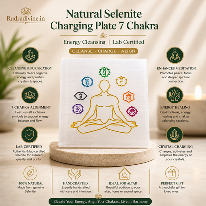 Natural Selenite Charging Plate with engraved 7 Chakra design crafted from genuine lab certified selenite by Rudradivine for crystal charging, energy cleansing and meditation.