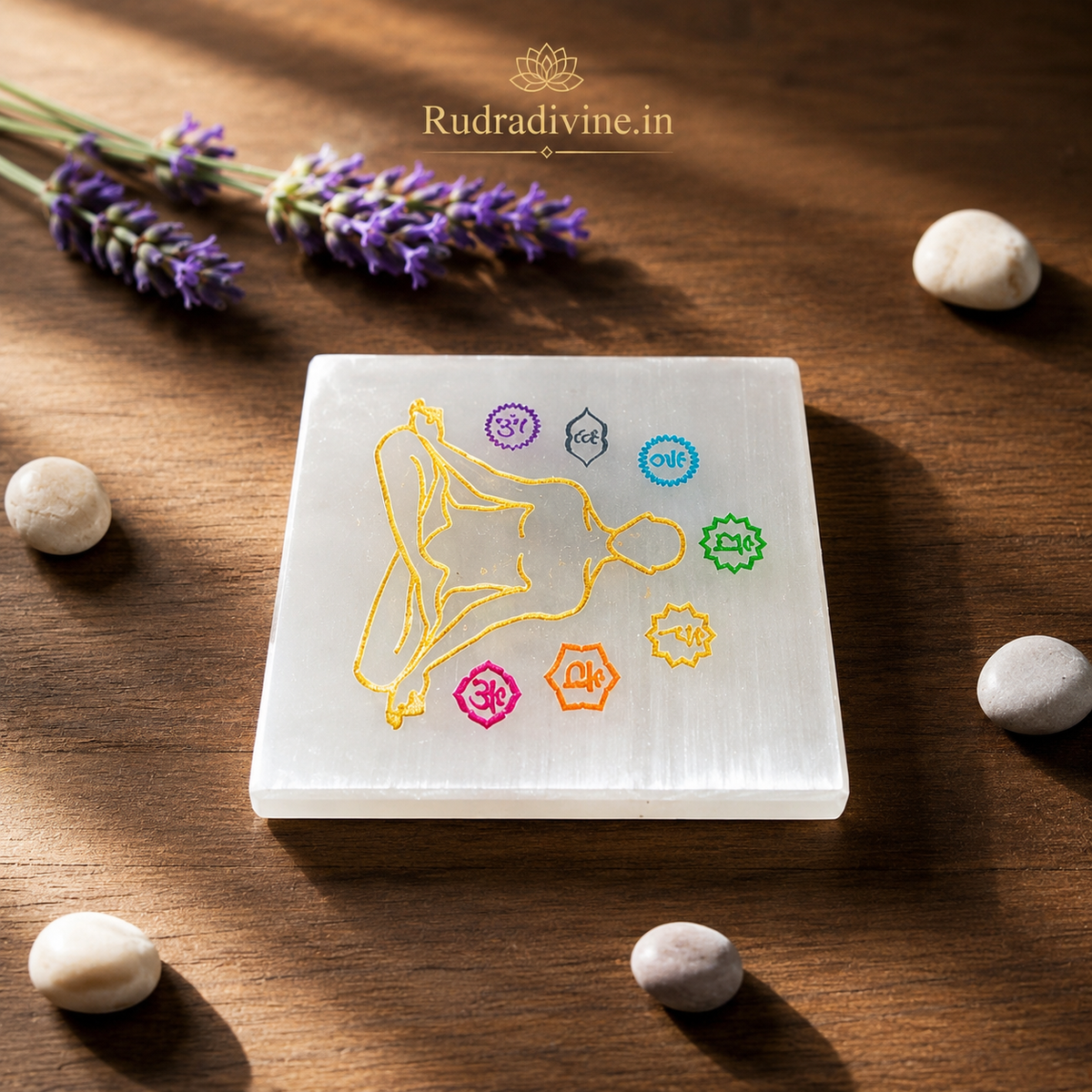 Natural Selenite Charging Plate with engraved 7 Chakra design crafted from genuine lab certified selenite by Rudradivine for crystal charging, energy cleansing and meditation.