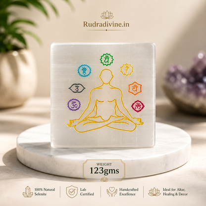 Natural Selenite Charging Plate with engraved 7 Chakra design crafted from genuine lab certified selenite by Rudradivine for crystal charging, energy cleansing and meditation.