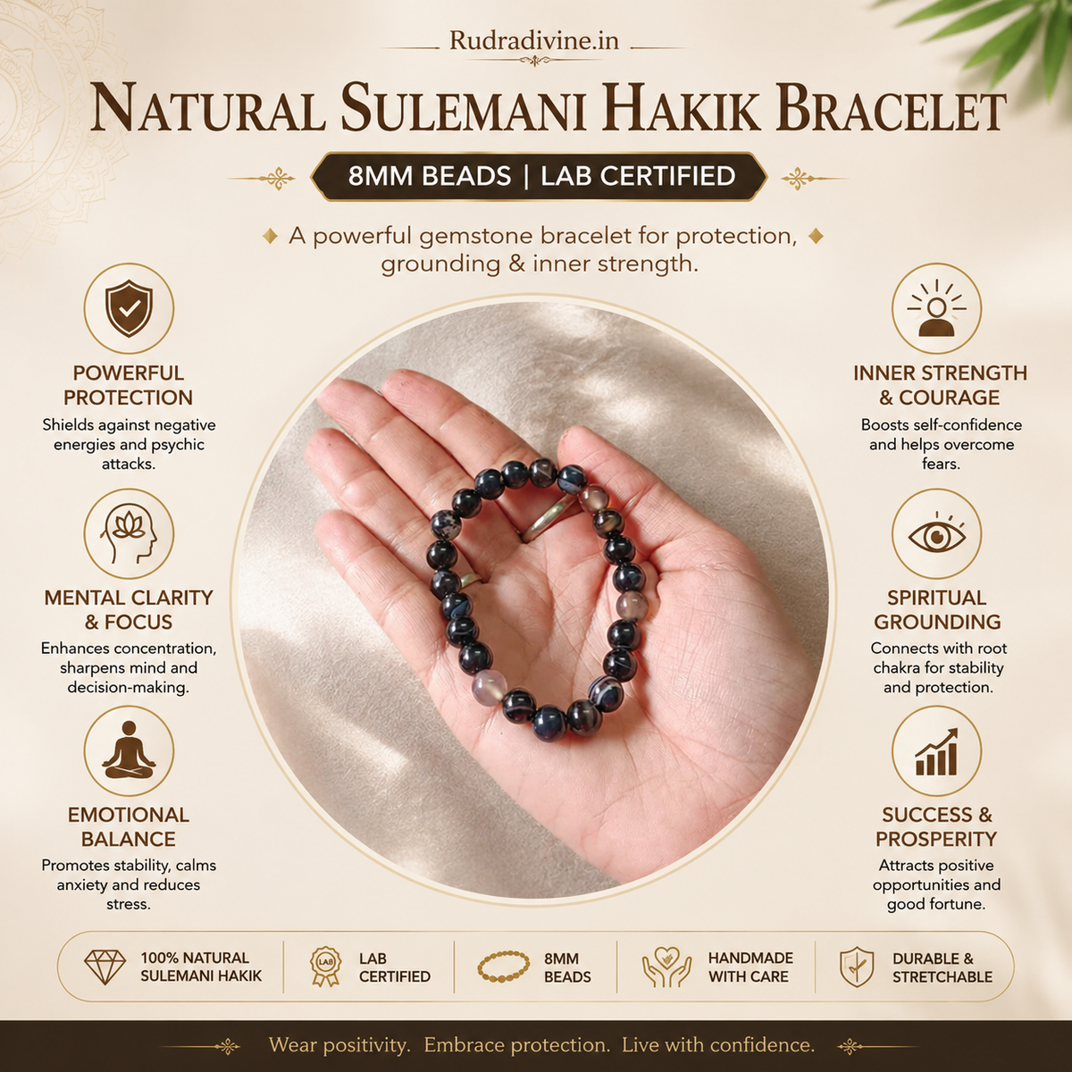 Natural Sulemani Hakik Bracelet 8MM beads with official Lab Certificate by Rudradivine, traditionally associated with protection, grounding, balance and positive energy.