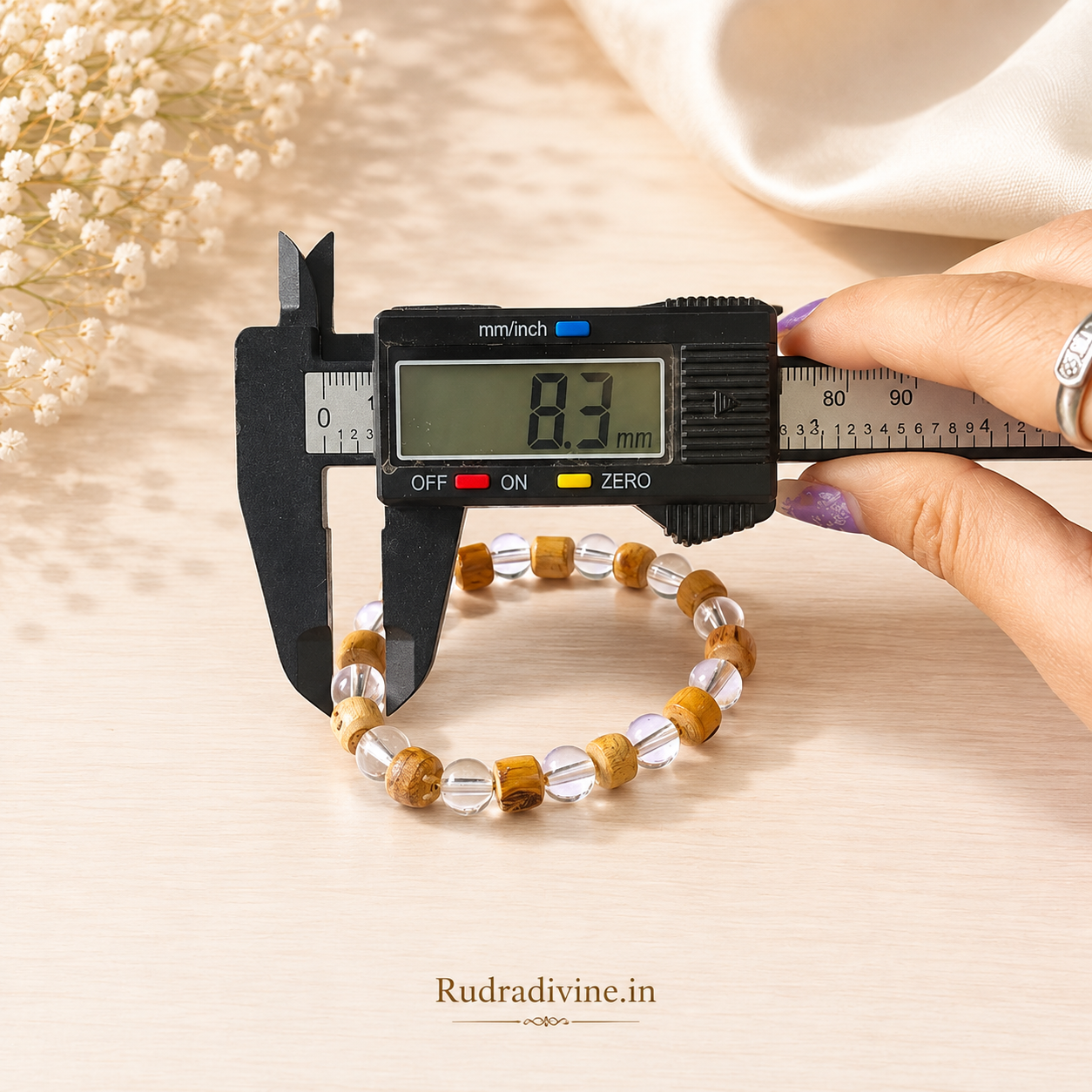 Natural Tulsi Crystal Bracelet with 8MM beads and Lab Certificate by Rudradivine, designed for meditation, prayer, spiritual practice and mindful daily wear.