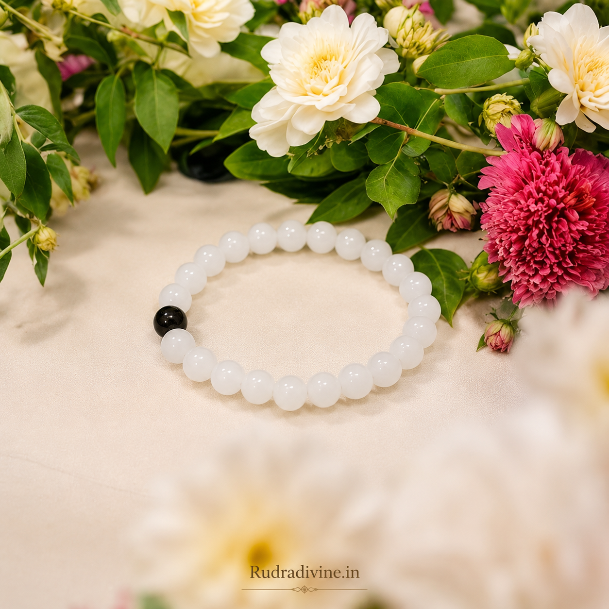 Natural White & Black Agate Bracelet 8MM beads with official Lab Certificate by Rudradivine, traditionally associated with grounding, balance, positivity and spiritual wear.