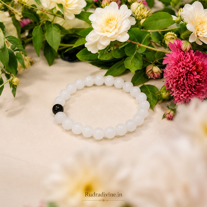 Natural White & Black Agate Bracelet 8MM beads with official Lab Certificate by Rudradivine, traditionally associated with grounding, balance, positivity and spiritual wear.