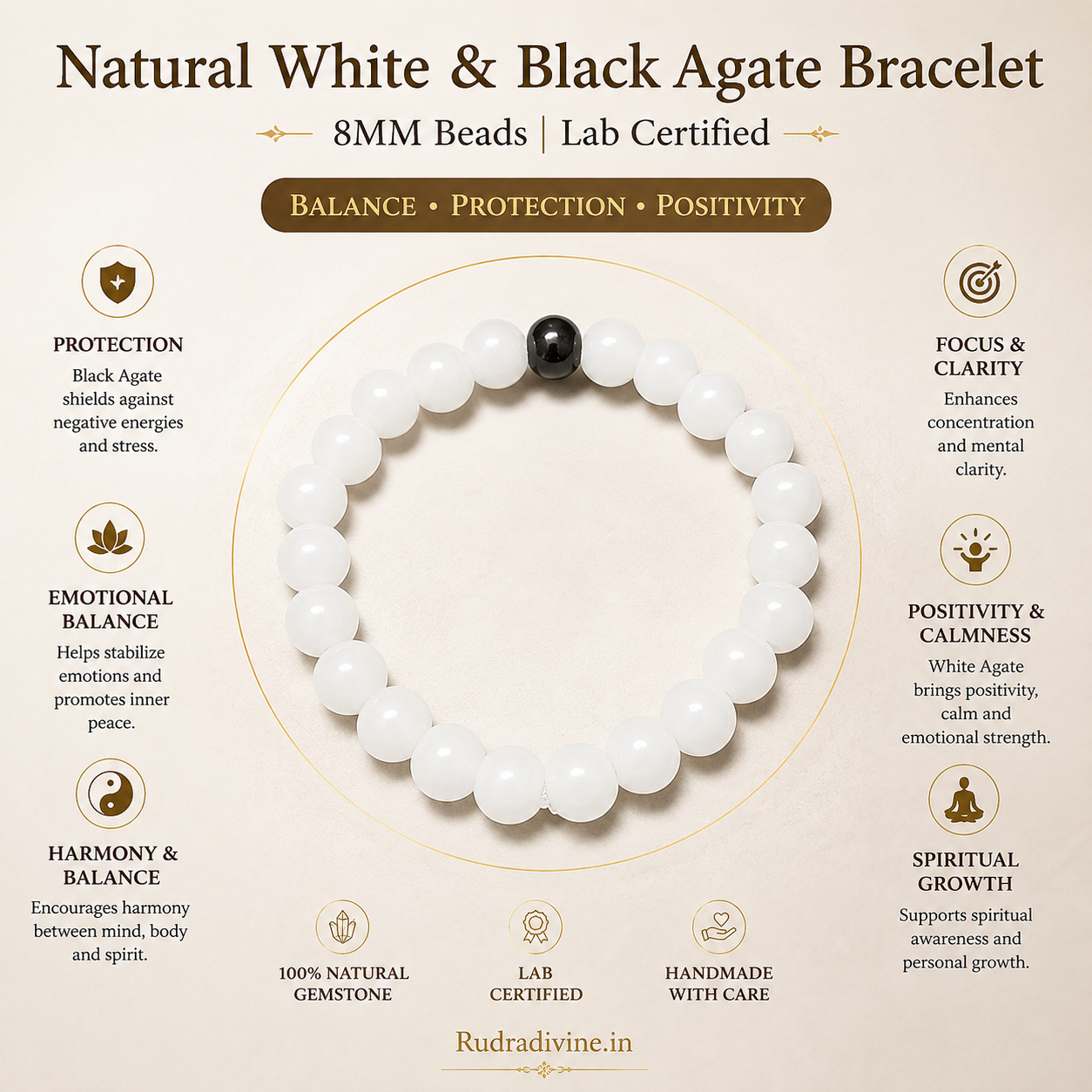 Natural White & Black Agate Bracelet 8MM beads with official Lab Certificate by Rudradivine, traditionally associated with grounding, balance, positivity and spiritual wear.