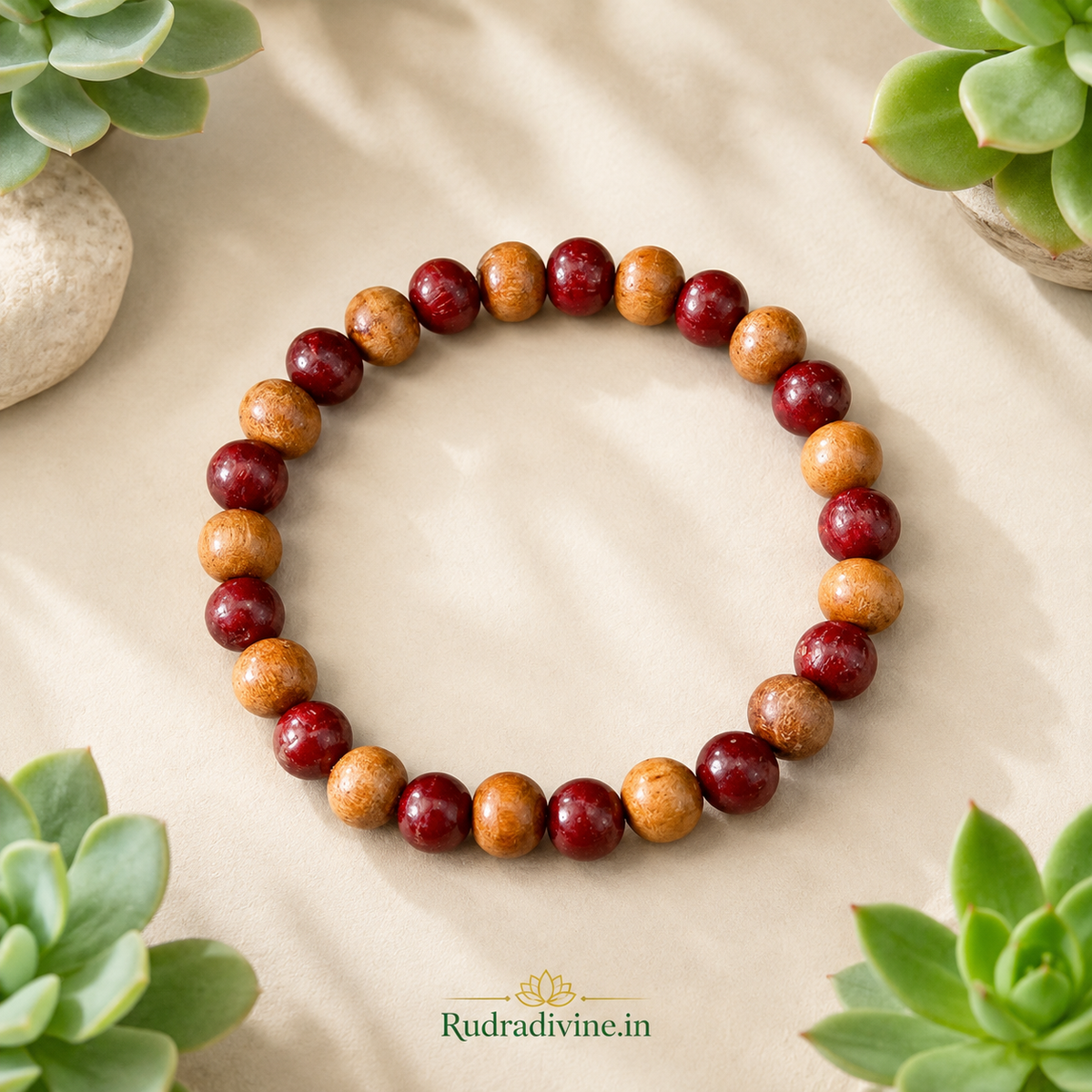 Natural White & Red Sandalwood Bracelet 8MM beads with official Lab Certificate by Rudradivine, designed for meditation, prayer, puja and traditional spiritual wear.