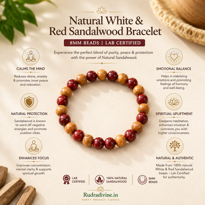 Natural White & Red Sandalwood Bracelet 8MM beads with official Lab Certificate by Rudradivine, designed for meditation, prayer, puja and traditional spiritual wear.