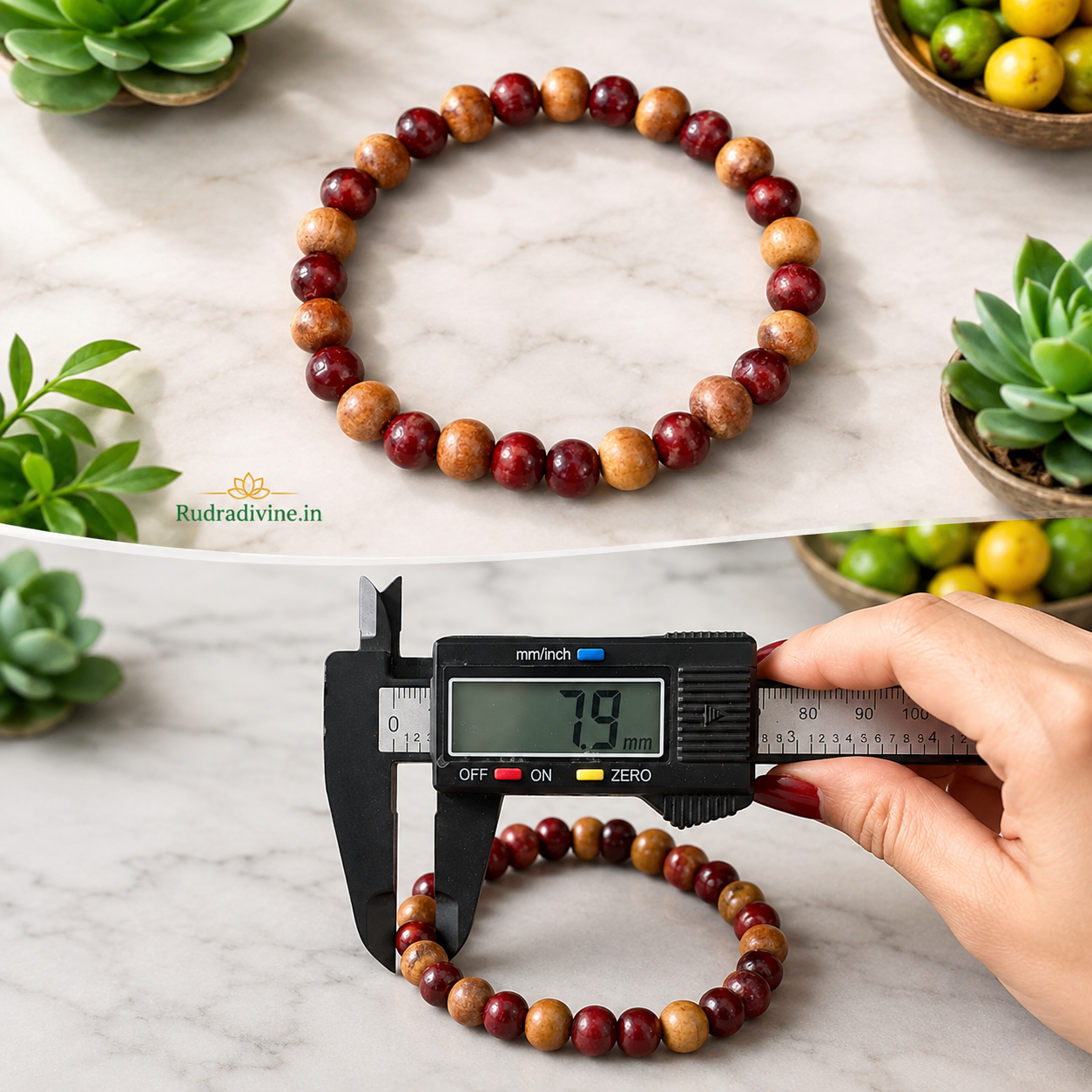 Natural White & Red Sandalwood Bracelet 8MM beads with official Lab Certificate by Rudradivine, designed for meditation, prayer, puja and traditional spiritual wear.