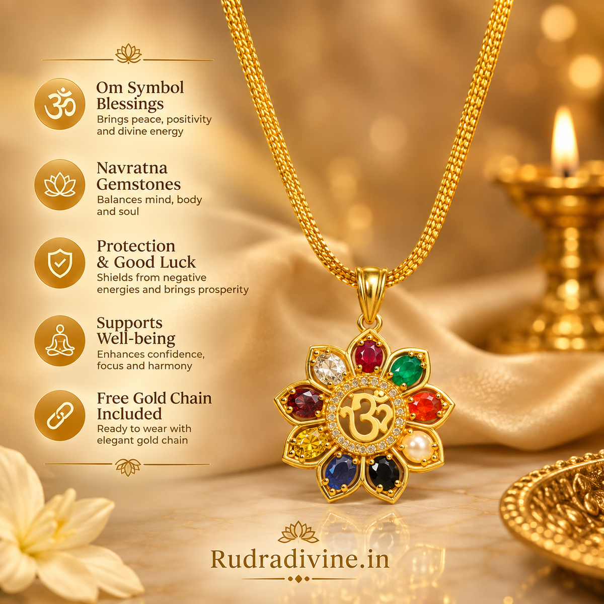 Navratan Locket with sacred Om Symbol and nine-gemstone design, paired with free gold chain by Rudradivine for spiritual and devotional wear.
