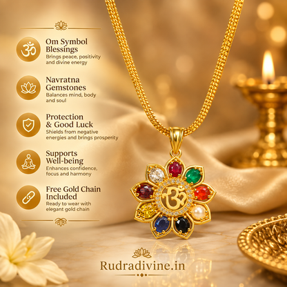Navratan Locket with sacred Om Symbol and nine-gemstone design, paired with free gold chain by Rudradivine for spiritual and devotional wear.