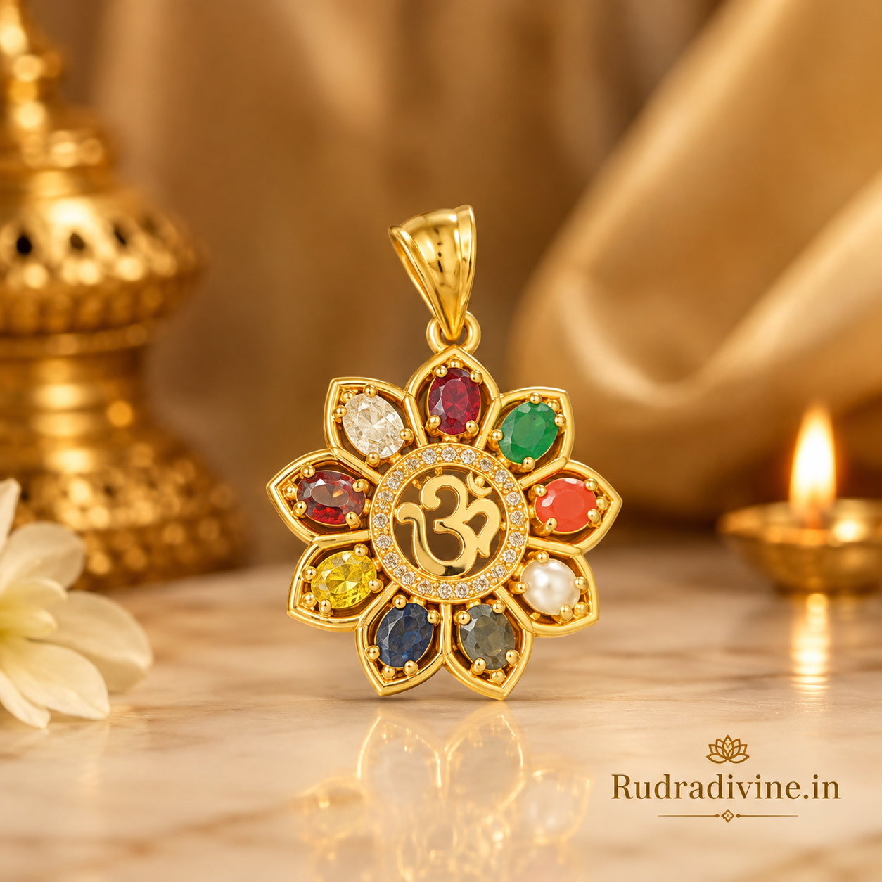 Navratan Locket with sacred Om Symbol and nine-gemstone design, paired with free gold chain by Rudradivine for spiritual and devotional wear.
