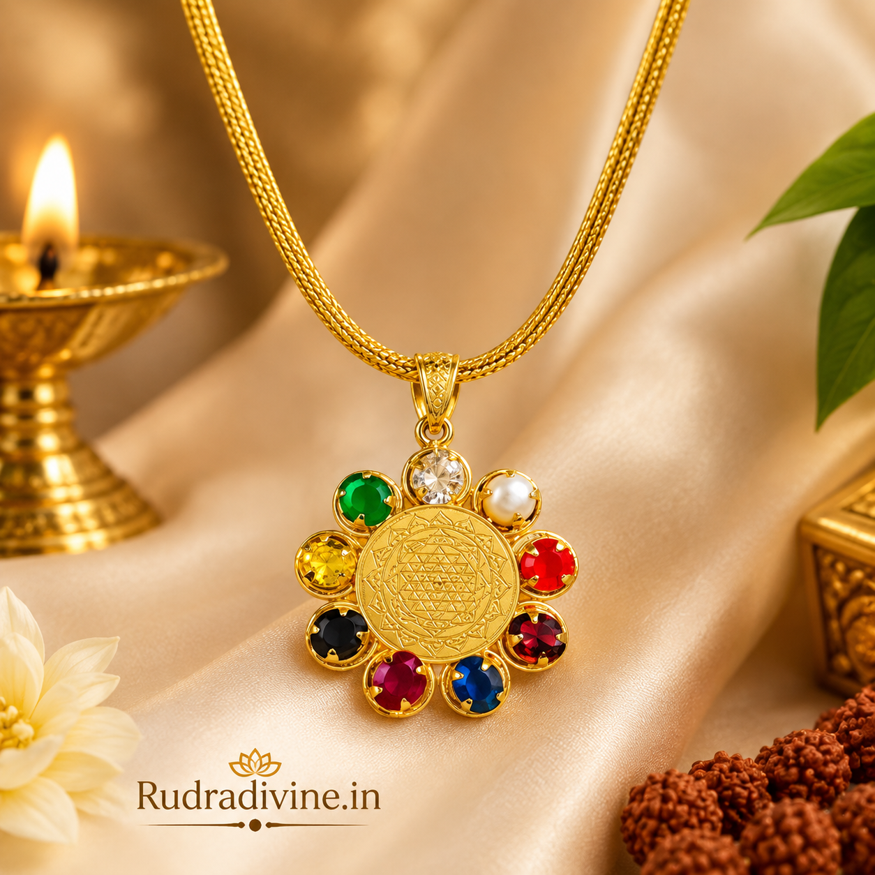 Navratna Locket with Shri Yantra Gold Pendant and Chain by Rudradivine, featuring traditional nine-gemstone symbolism for prosperity, balance and spiritual wellness.