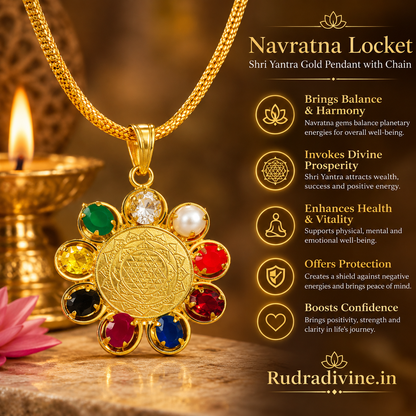 Navratna Locket with Shri Yantra Gold Pendant and Chain by Rudradivine, featuring traditional nine-gemstone symbolism for prosperity, balance and spiritual wellness.