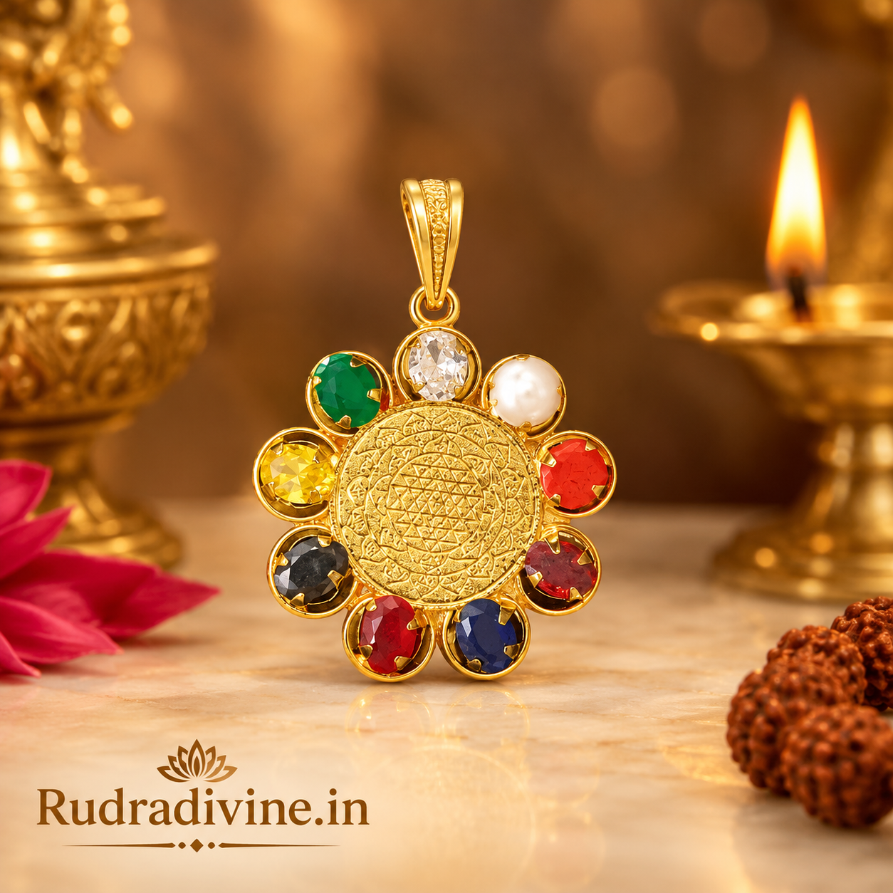 Navratna Locket with Shri Yantra Gold Pendant and Chain by Rudradivine, featuring traditional nine-gemstone symbolism for prosperity, balance and spiritual wellness.