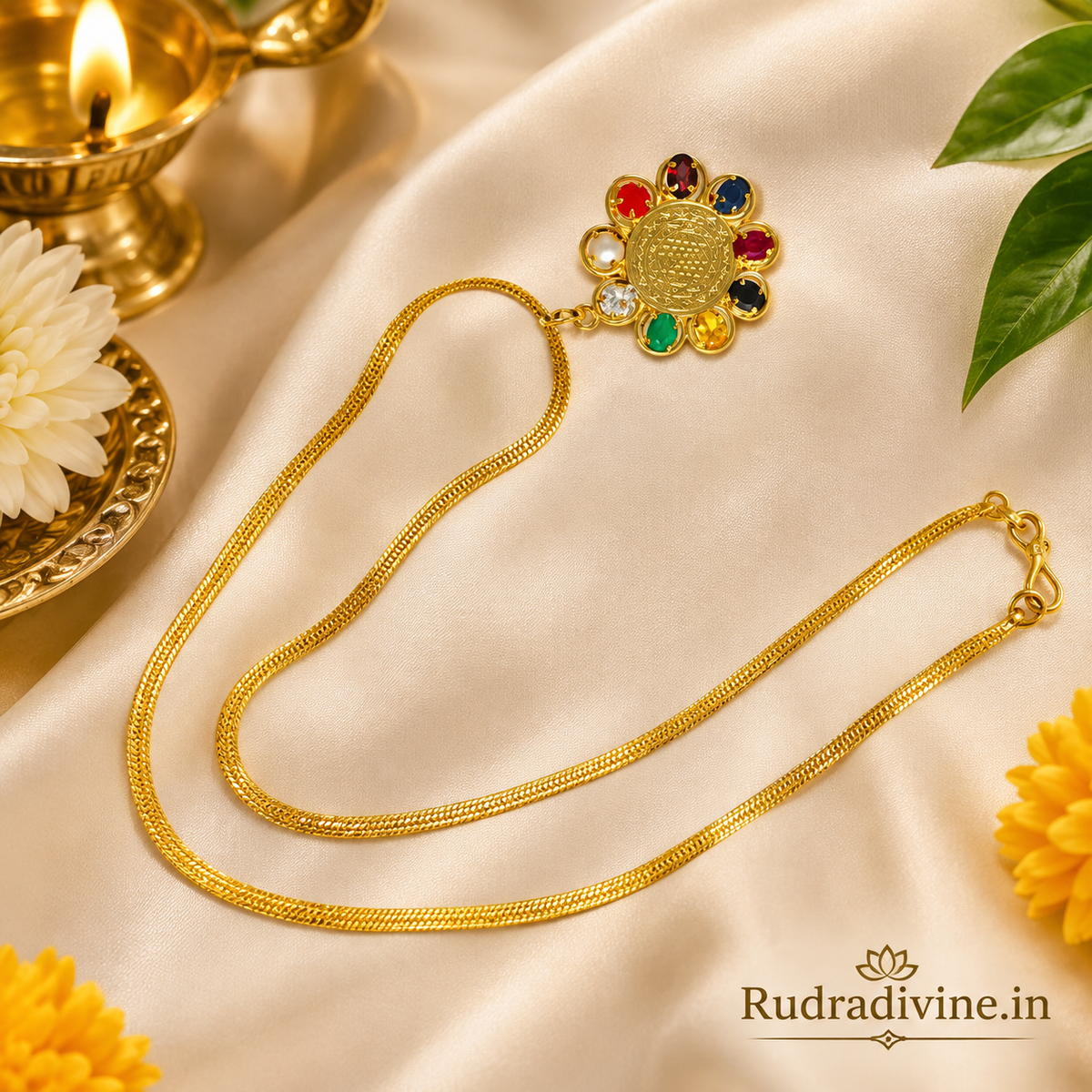 Navratna Locket with Shri Yantra Gold Pendant and Chain by Rudradivine, featuring traditional nine-gemstone symbolism for prosperity, balance and spiritual wellness.