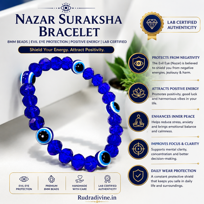 Nazar Suraksha Bracelet 8MM beads with Lab Certificate by Rudradivine, traditionally worn for evil eye protection, positive energy, spiritual balance and daily wear.