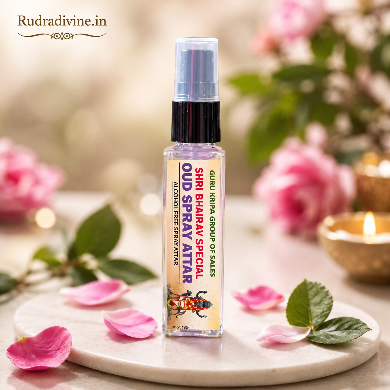 OUD Spray Attar 25ml Shri Bhairav Special with alcohol-free rich long-lasting fragrance by Rudradivine, suitable for puja, meditation, prayer, home use & gifting.