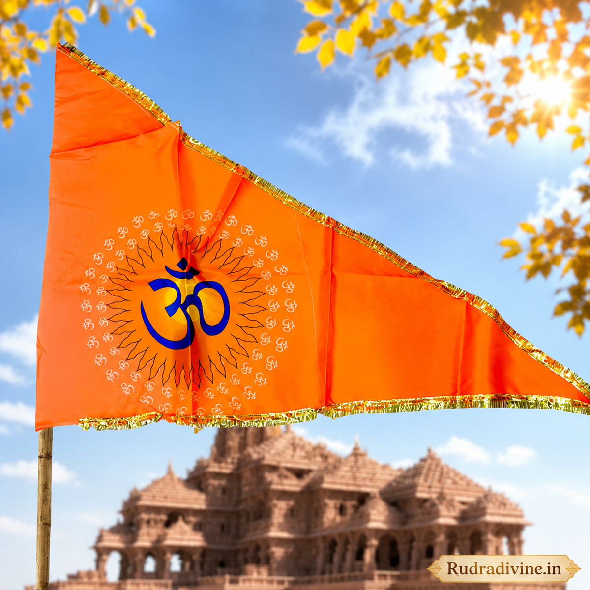 Om Flag featuring sacred Aum Symbol on traditional Bhagwa orange fabric by Rudradivine, suitable for home temple, mandir, puja, meditation, religious events, festivals, and spiritual decoration.