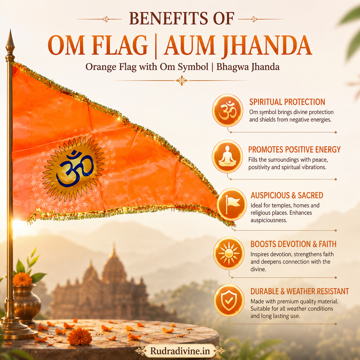 Om Flag featuring sacred Aum Symbol on traditional Bhagwa orange fabric by Rudradivine, suitable for home temple, mandir, puja, meditation, religious events, festivals, and spiritual decoration.