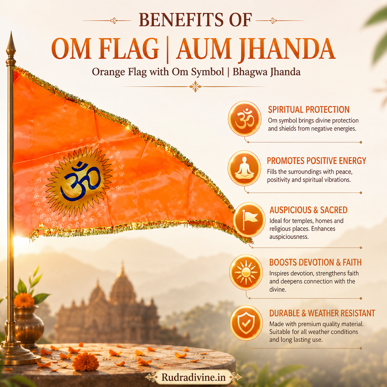 Om Flag featuring sacred Aum Symbol on traditional Bhagwa orange fabric by Rudradivine, suitable for home temple, mandir, puja, meditation, religious events, festivals, and spiritual decoration.