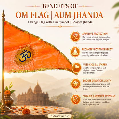 Om Flag featuring sacred Aum Symbol on traditional Bhagwa orange fabric by Rudradivine, suitable for home temple, mandir, puja, meditation, religious events, festivals, and spiritual decoration.