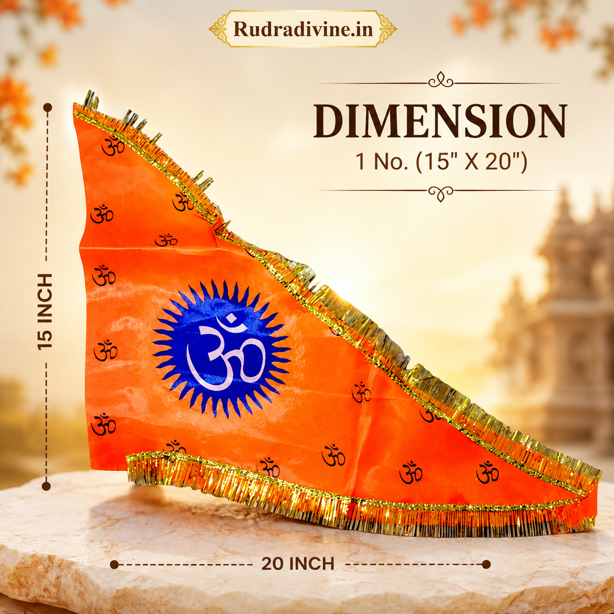 Om Flag featuring sacred Aum Symbol on traditional Bhagwa orange fabric by Rudradivine, suitable for home temple, mandir, puja, meditation, religious events, festivals, and spiritual decoration.