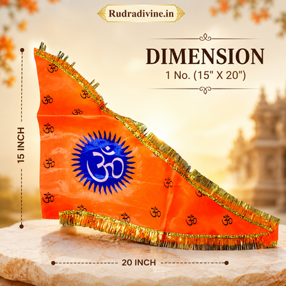 Om Flag featuring sacred Aum Symbol on traditional Bhagwa orange fabric by Rudradivine, suitable for home temple, mandir, puja, meditation, religious events, festivals, and spiritual decoration.