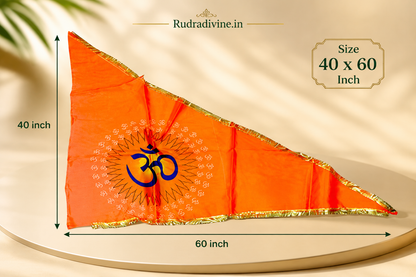 Om Flag featuring sacred Aum Symbol on traditional Bhagwa orange fabric by Rudradivine, suitable for home temple, mandir, puja, meditation, religious events, festivals, and spiritual decoration.