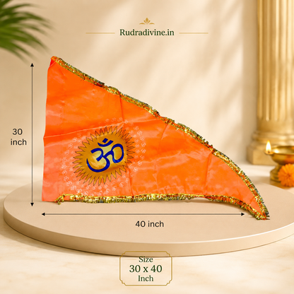 Om Flag featuring sacred Aum Symbol on traditional Bhagwa orange fabric by Rudradivine, suitable for home temple, mandir, puja, meditation, religious events, festivals, and spiritual decoration.