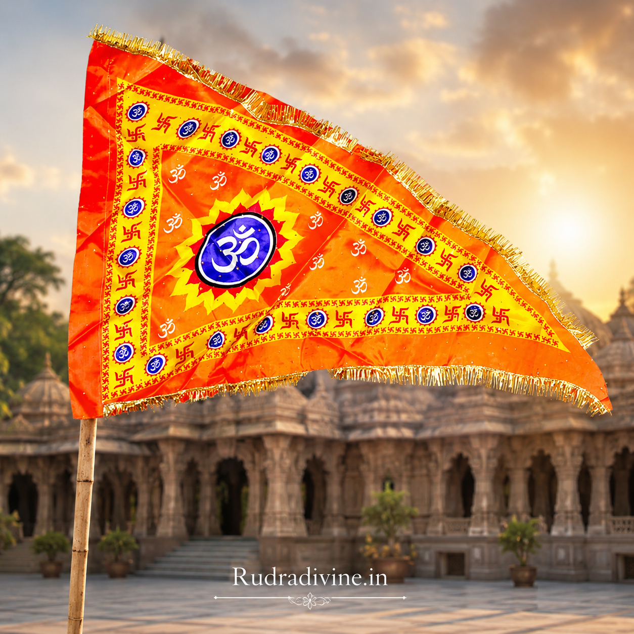 Om Jhanda Aum Flag with sacred Om symbol in orange, Shiv Ji devotional flag for home temple, puja, mandir, festivals and spiritual decor by Rudradivine.