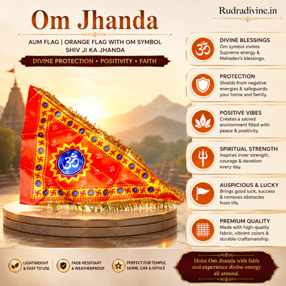 Om Jhanda Aum Flag with sacred Om symbol in orange, Shiv Ji devotional flag for home temple, puja, mandir, festivals and spiritual decor by Rudradivine.