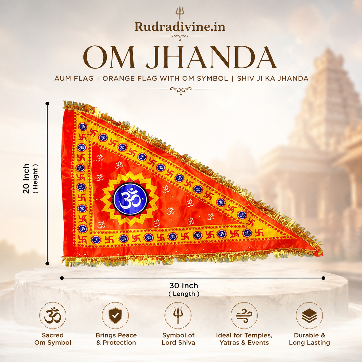 Om Jhanda Aum Flag with sacred Om symbol in orange, Shiv Ji devotional flag for home temple, puja, mandir, festivals and spiritual decor by Rudradivine.