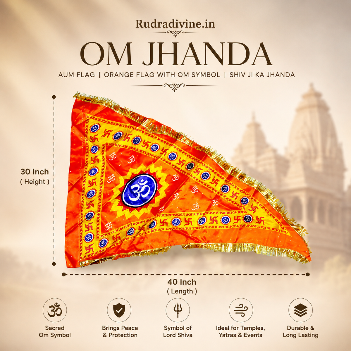 Om Jhanda Aum Flag with sacred Om symbol in orange, Shiv Ji devotional flag for home temple, puja, mandir, festivals and spiritual decor by Rudradivine.