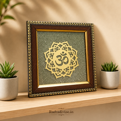 Om Shanti Yantra Raw Pyrite Wall Frame 7x7 Inch with premium wooden frame and natural raw pyrite for Vastu, meditation, peace, positive energy and spiritual décor by Rudradivine.