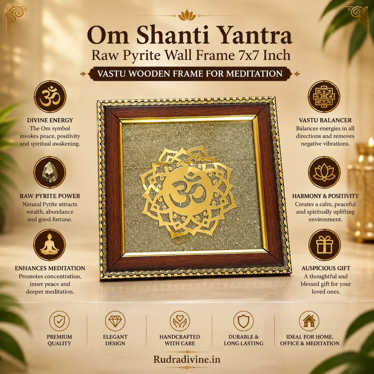 Om Shanti Yantra Raw Pyrite Wall Frame 7x7 Inch with premium wooden frame and natural raw pyrite for Vastu, meditation, peace, positive energy and spiritual décor by Rudradivine.
