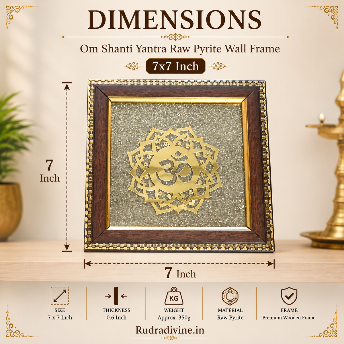 Om Shanti Yantra Raw Pyrite Wall Frame 7x7 Inch with premium wooden frame and natural raw pyrite for Vastu, meditation, peace, positive energy and spiritual décor by Rudradivine.
