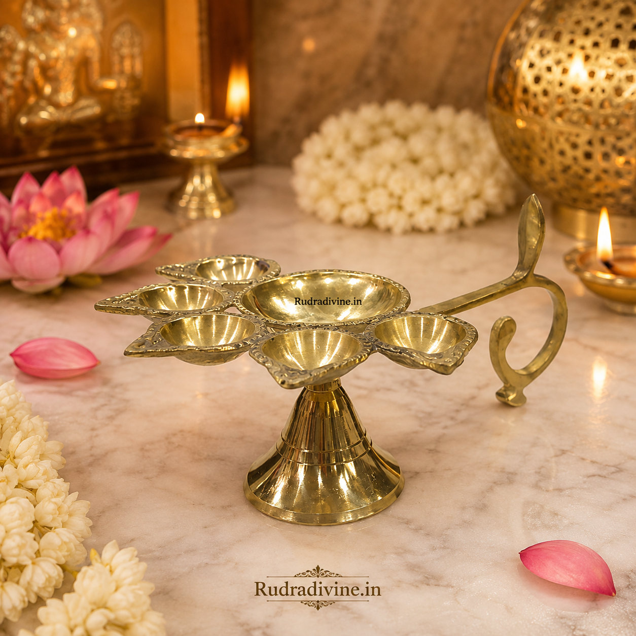 Panch Mukhi Jyot made from 100% Pure Brass, featuring a traditional five-flame design for Aarti, Pooja, Mandir rituals and spiritual practices by Rudradivine.