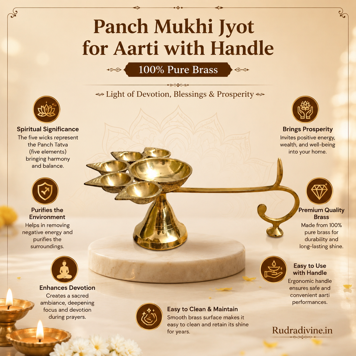 Panch Mukhi Jyot made from 100% Pure Brass, featuring a traditional five-flame design for Aarti, Pooja, Mandir rituals and spiritual practices by Rudradivine.