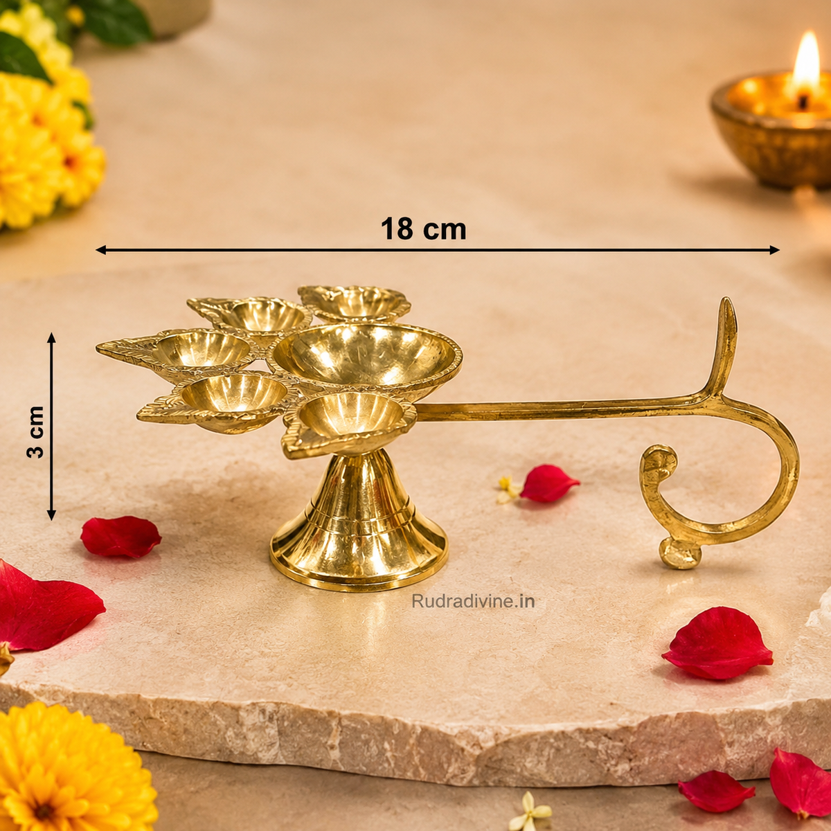 Panch Mukhi Jyot made from 100% Pure Brass, featuring a traditional five-flame design for Aarti, Pooja, Mandir rituals and spiritual practices by Rudradivine.