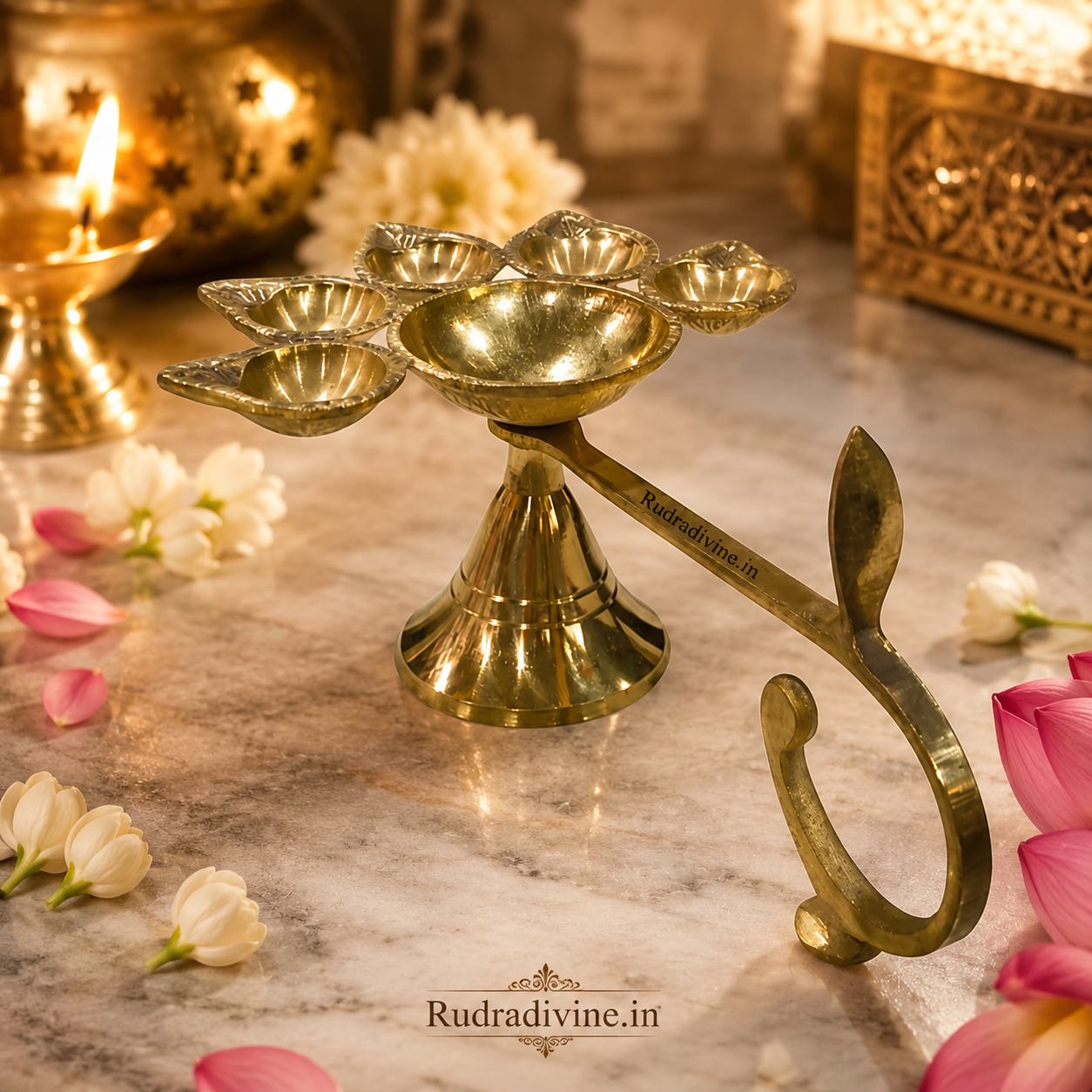 Panch Mukhi Jyot made from 100% Pure Brass, featuring a traditional five-flame design for Aarti, Pooja, Mandir rituals and spiritual practices by Rudradivine.