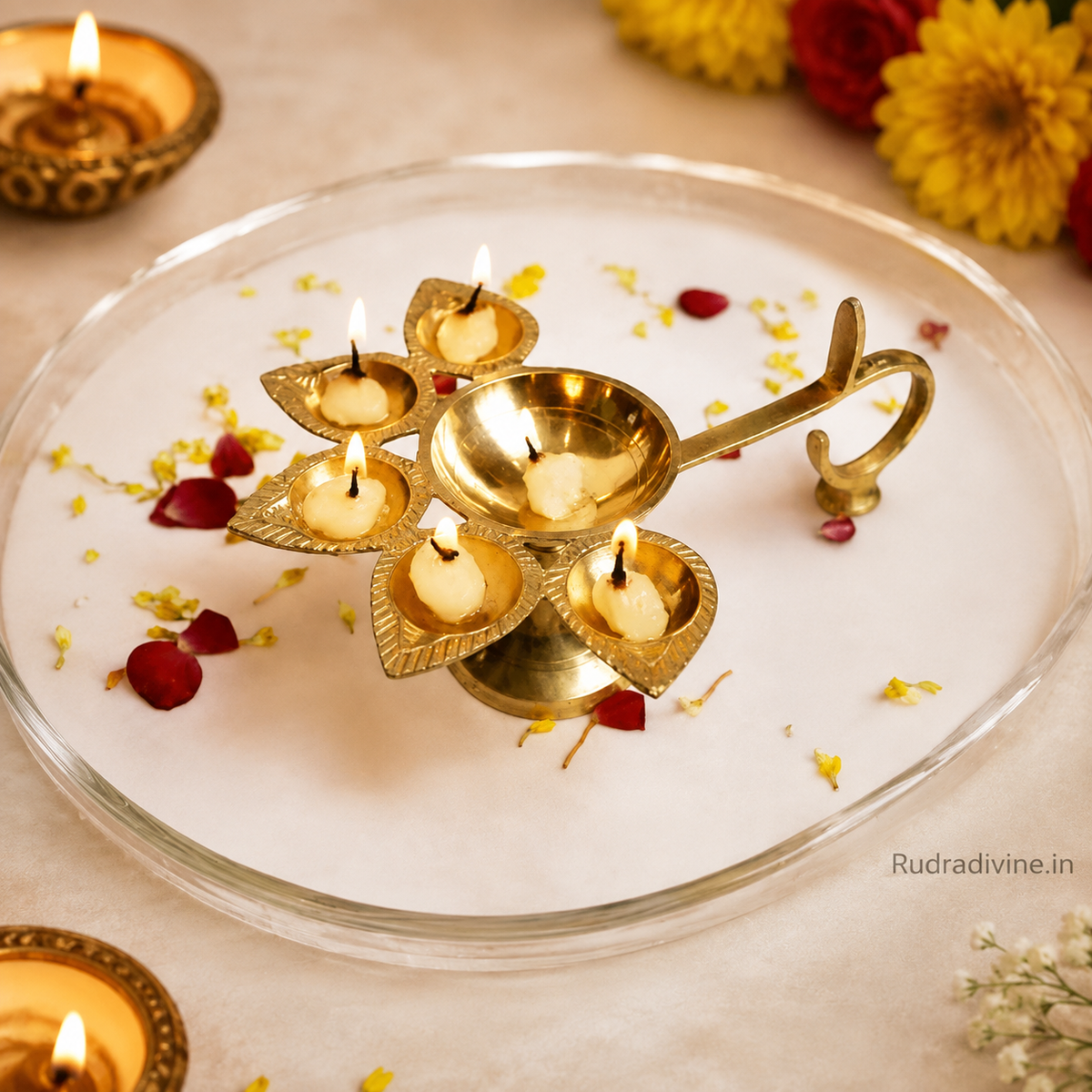 Panch Mukhi Jyot made from 100% Pure Brass, featuring a traditional five-flame design for Aarti, Pooja, Mandir rituals and spiritual practices by Rudradivine.